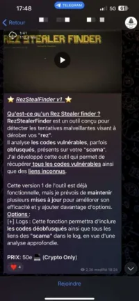 RezStealerFinder app for sale on Telegram