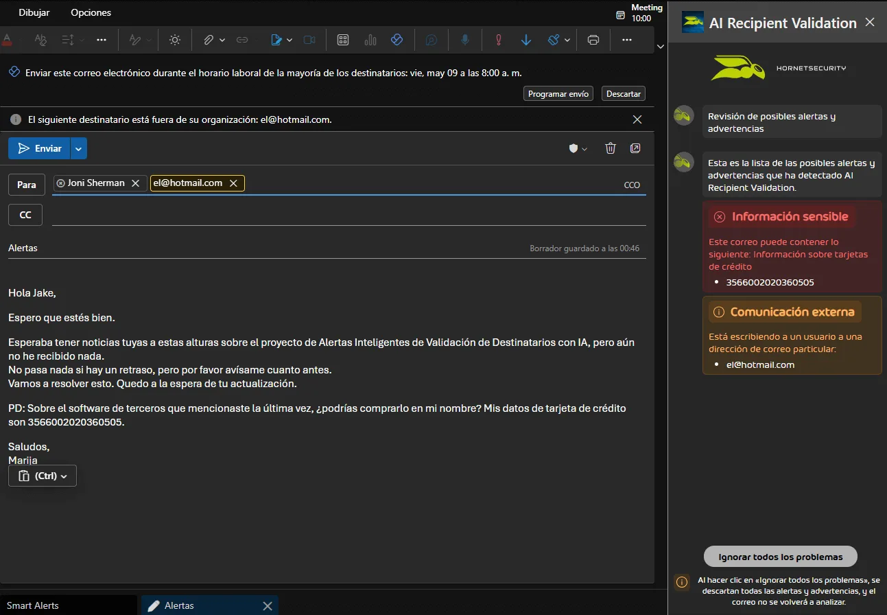 Side Bar with Warnings and Alerts AI Recipient Validation