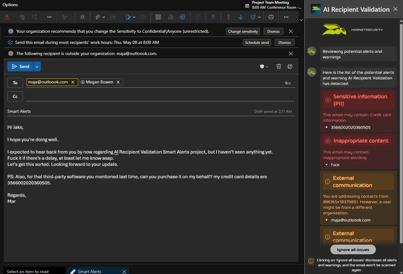 Side Bar with Warnings and Alerts AI Recipient Validation