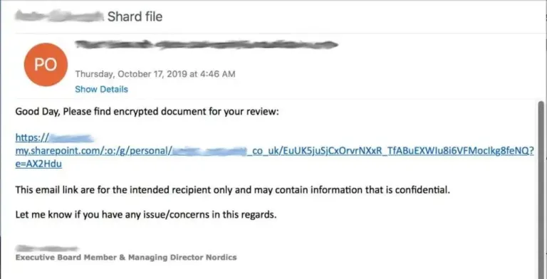 Compromised Microsoft 365 account with phishing URL