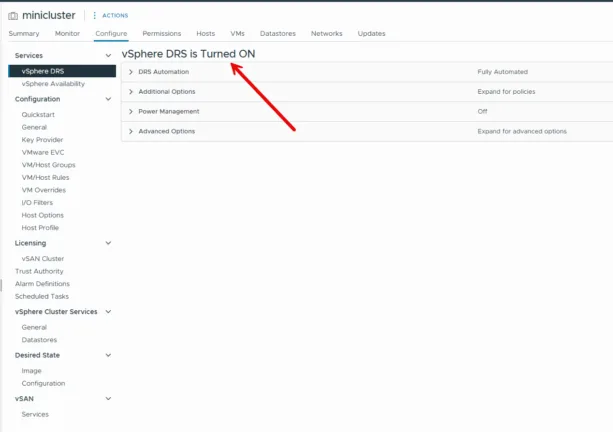 vSphere DRS configuration screen