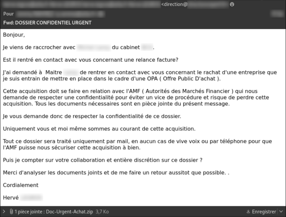 Exemple E-mail de Phishing usurpant un dirigeant de la société à propos d’un projet de rachat de société