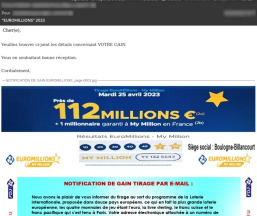 Exemple d’e-mail de phishing présentant un gain à l’Euromillions