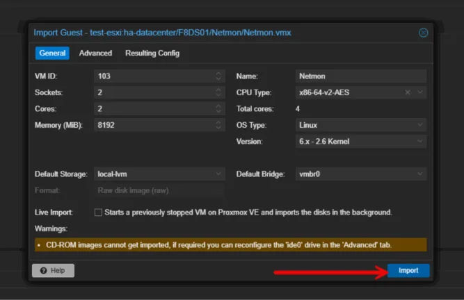 Import dialog box