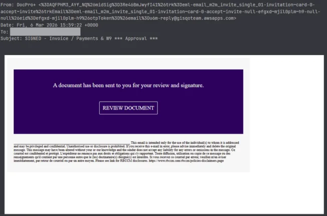 Phishing email impersonating a document signature request