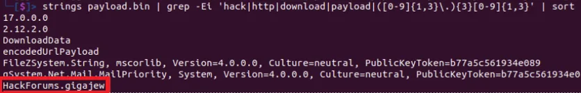 Artifact observed in strings output: “HackForums.gigajew”