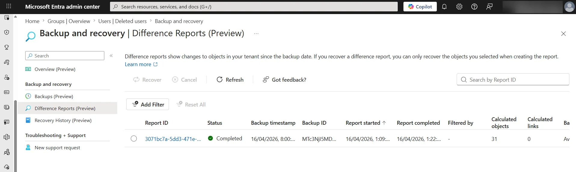 Entra ID in-built Backup and recovery