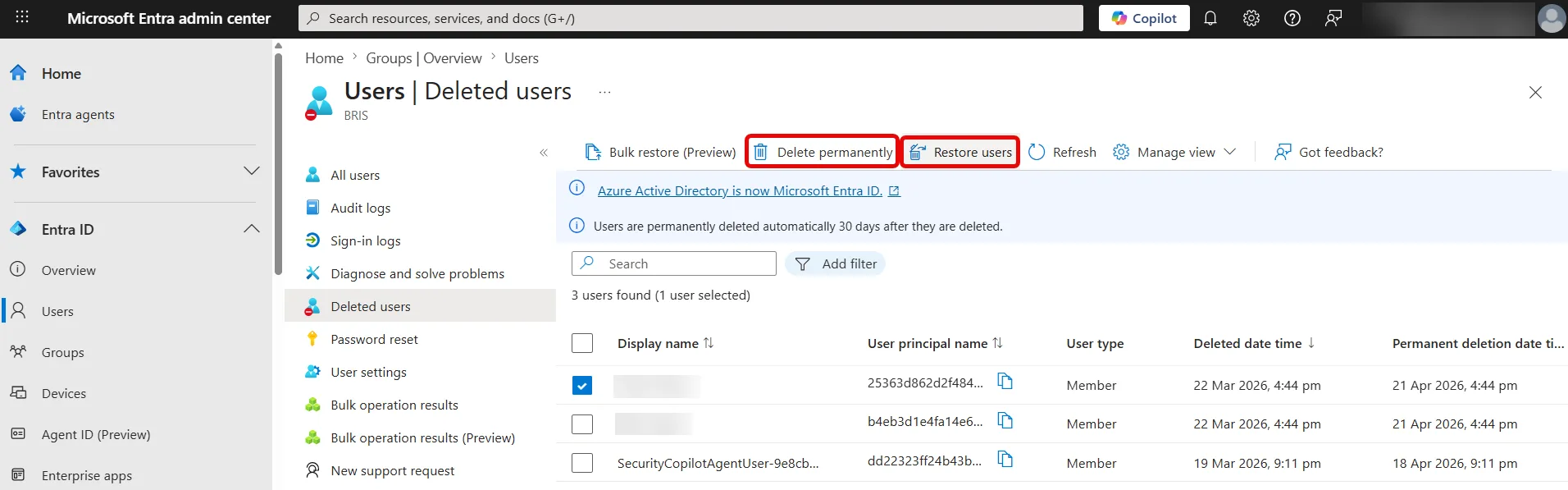 Entra ID user recycle bin