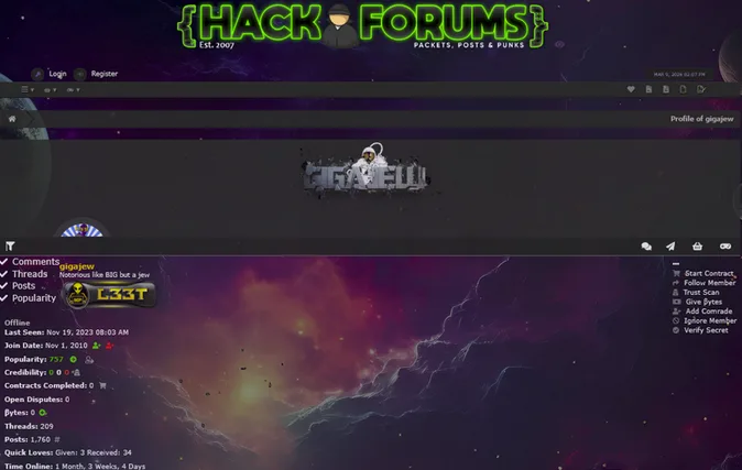 HackForums profile linked to the observed alias