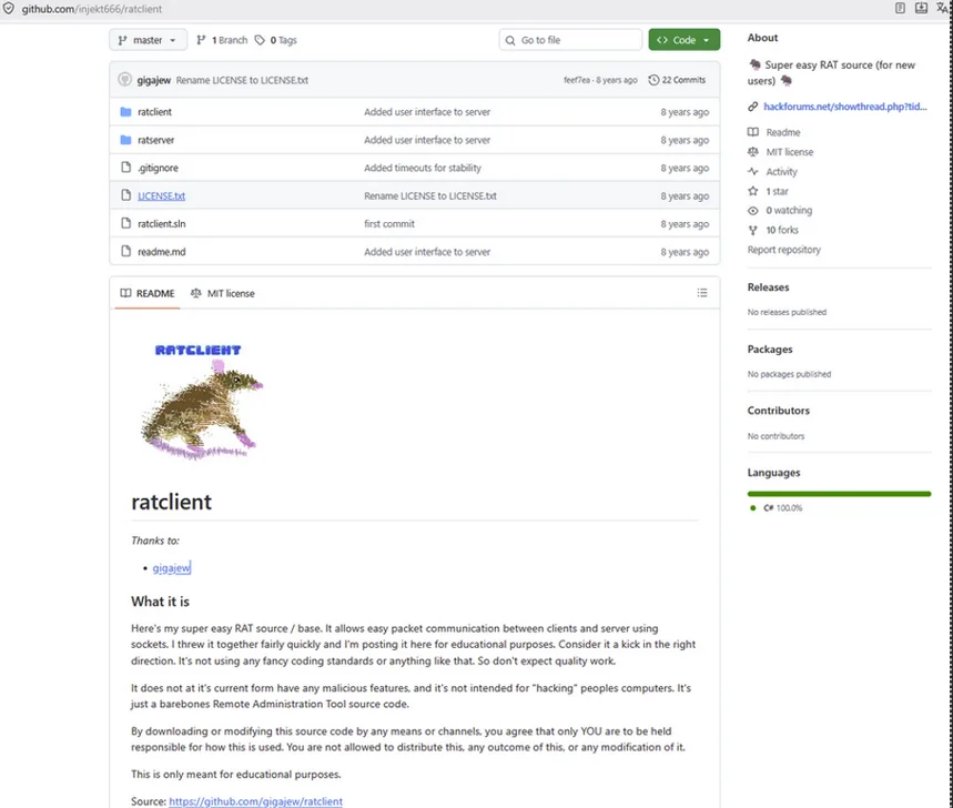 RAT client repository giving credit to the same alias