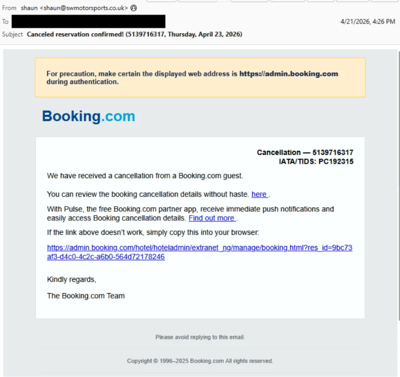 Booking.com phishing email impersonating a reservation cancellation notice