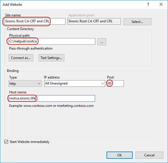 Create an IIS Site to Publish the Root CA Certificate and CRL
