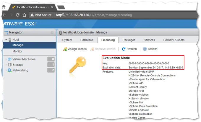 Figure 6 – Assigning a license to ESXi via the host client