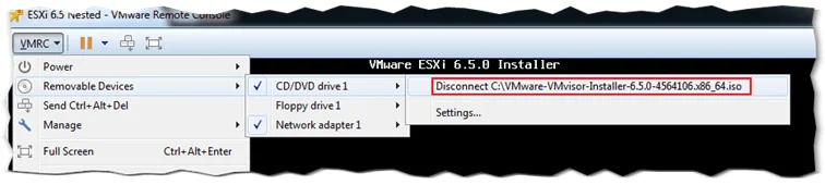 Unmounting the ESXi ISO image prior to rebooting ESXi after a successful install