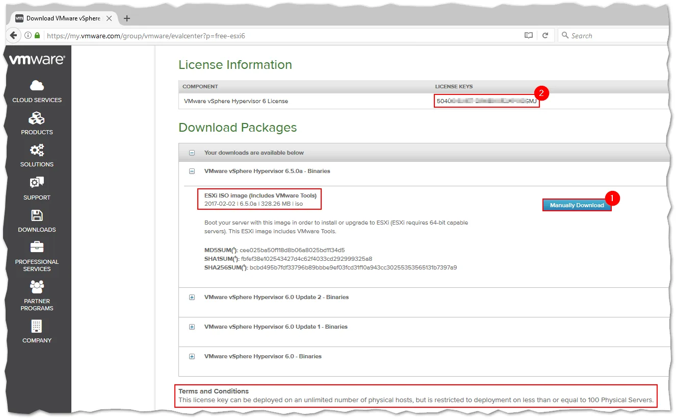 Figure 2 – ESXi ISO file download and license information page