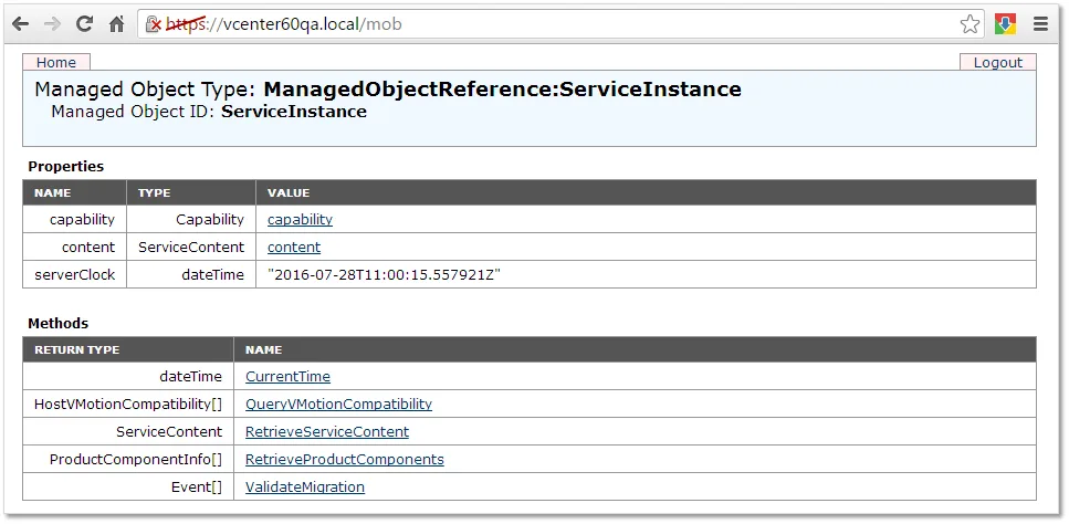Figure 2 – MOB for a vCenter Server