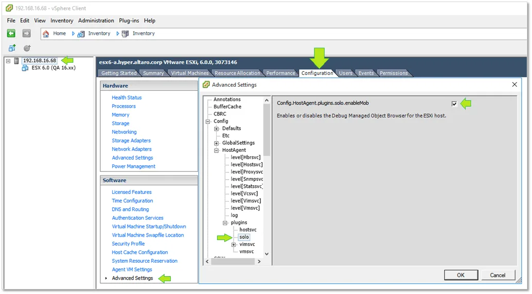 Figure 3 – Enabling MOB on an ESXi 6.0 host (this is disabled by default starting with vSphere 6)