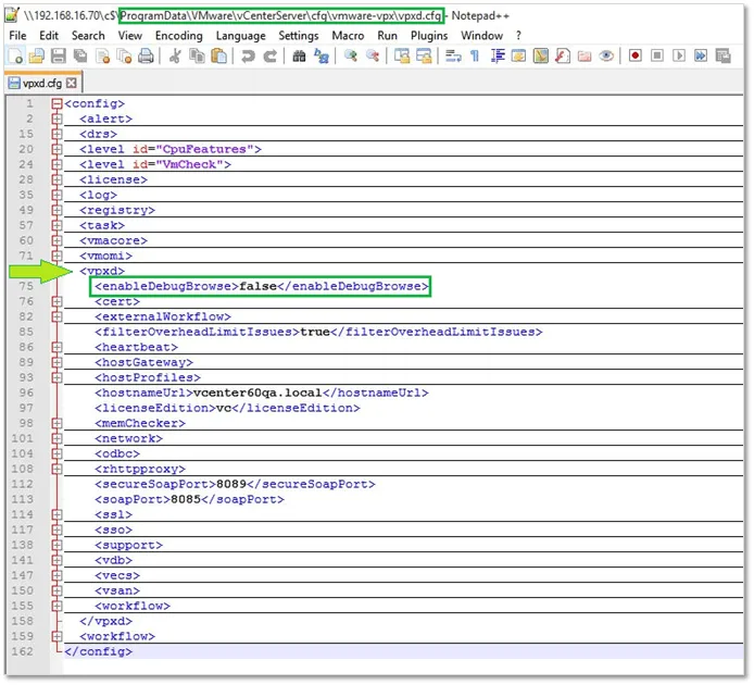Figure 4 – Configuring MOB access on vCenter Server for Windows by editing vpxd.cfg in Notepad++