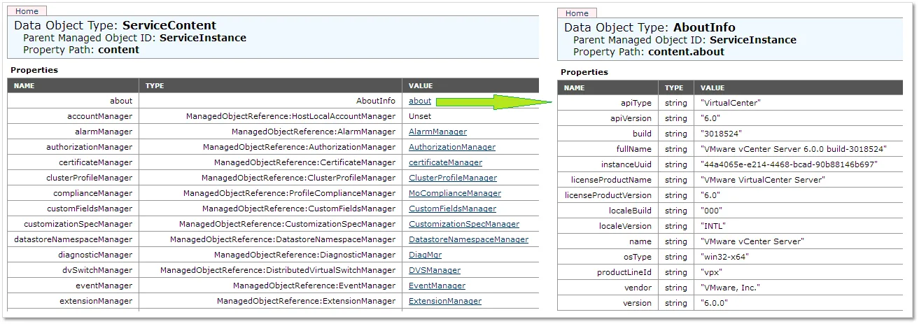 Figure 6 – Viewing the vCenter Server build and version information from MOB