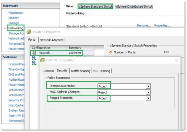 Figure 1 – Enabling promiscuous mode and forged transmits on a virtual switch