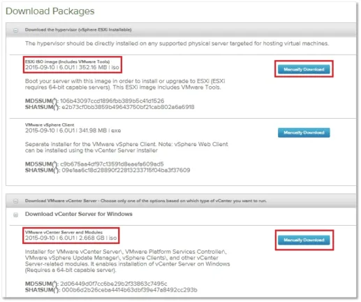 Figure 2 – ESXi and vCenter Server for Windows 6.0 downloadable ISO images