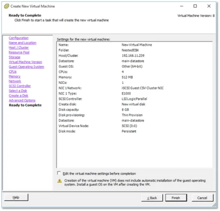 Creating the ESXi VMs step 18