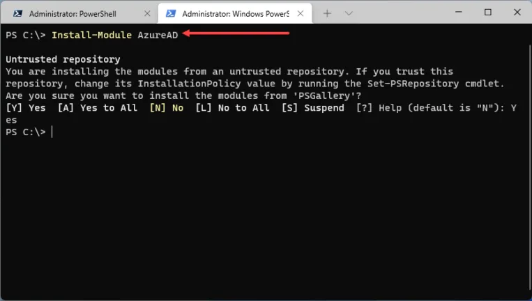 Installing AzureAD PowerShell module using Windows Terminal