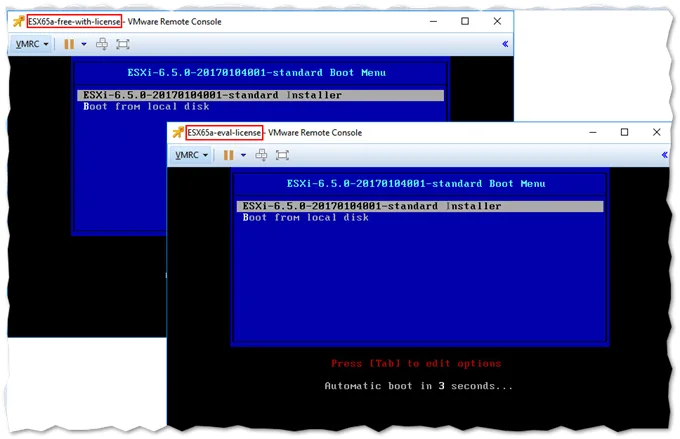Figure 5 – Running two nested ESXi instances; evaluation and free license
