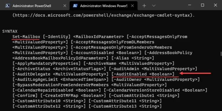  Using the Set-Mailbox cmdlet to turn on the AuditEnabled flag