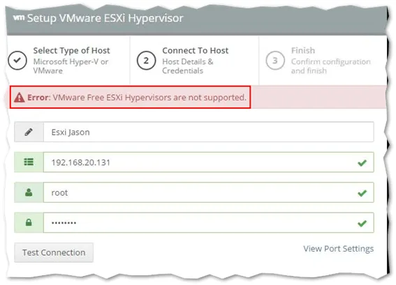Figure 10 – Altaro Backup, like many others, will not back up VMs hosted on an ESXi host with a free license