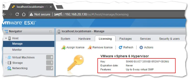 Figure 7 – Viewing ESXi free license details using the host client
