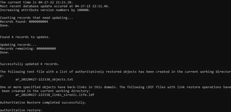 Authoritative Restore completed successfully