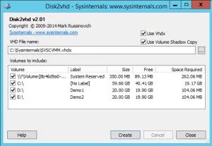 Disk2Vhd Main Screen