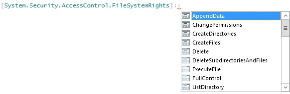 They’re not all visible in that screenshot, but it doesn’t matter. I tried various combinations from that list that I thought might work, but none did. I actually wasn’t surprised, because if .Net were able to parse that number as a FileSystemRights object, then it wouldn’t show us that number.