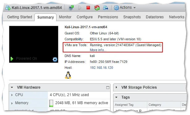 VMware Tools details in vSphere Web Client (Open-vm-tools running on Kali)