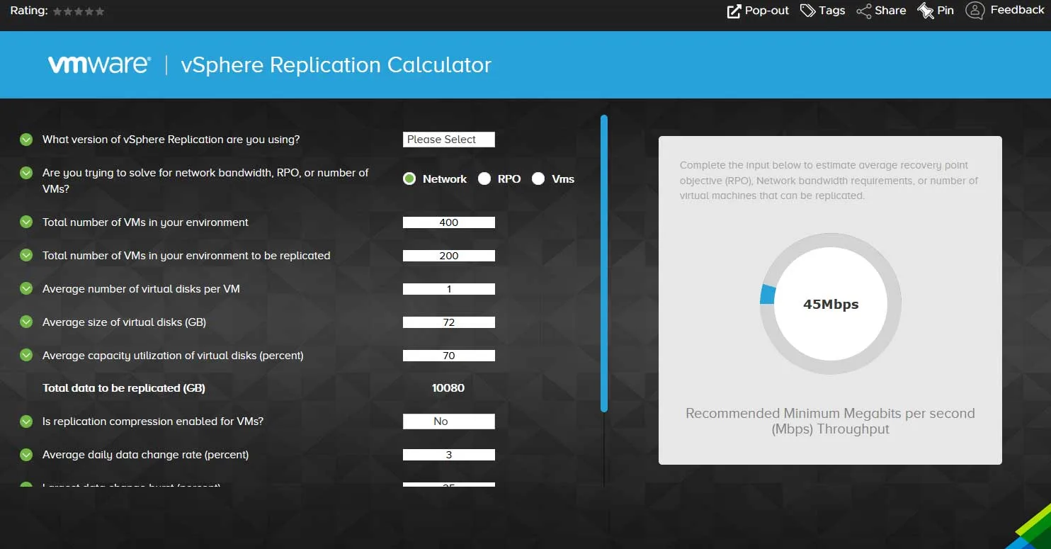vSphere replication calculator