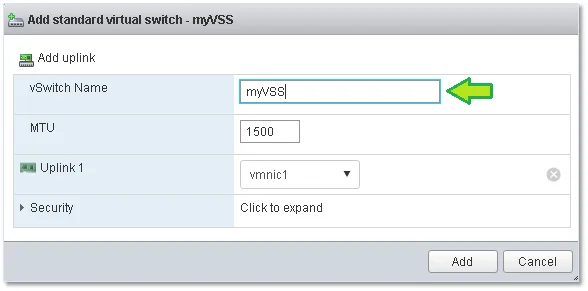 Figure 11 – Finalizing a standard switch using the VMware Host Client