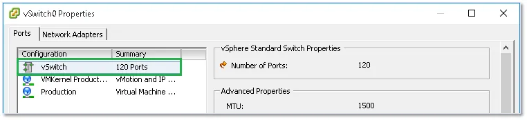 Figure 14 – Viewing the vSwitch properties such as the number of ports and MTU size