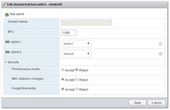 Figure 16 – Viewing the vSwitch settings using the VMware Host Client – No NIC Teaming option