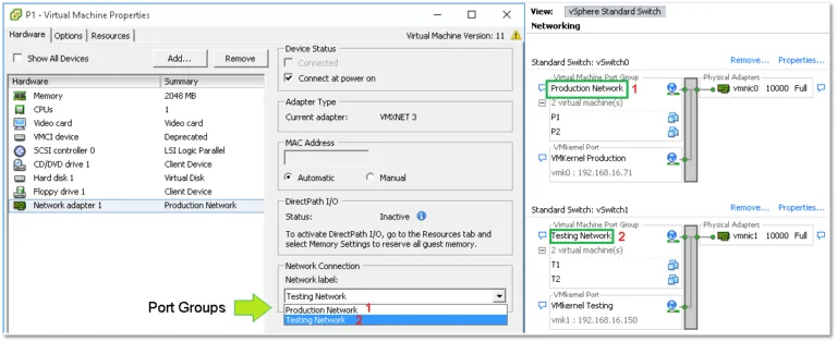 Figure 2 – Assigning a VM to a port group (Left) and port groups created on a standard switch (right).