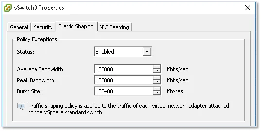Figure 20 – Traffic shaping settings for a vSwitch