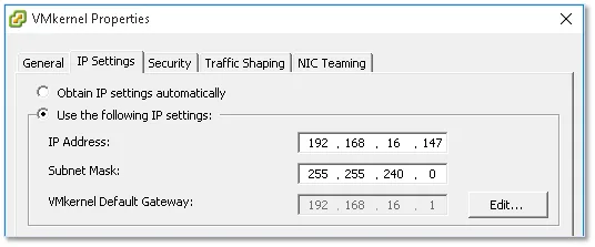 Figure 24 – Assigning an IP address and subnet mask to a VMkernel