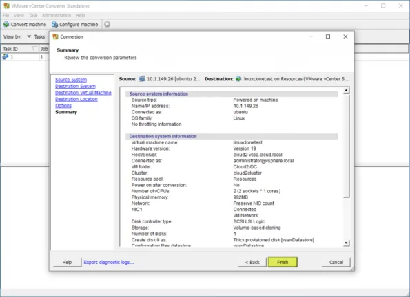 Begin the conversion of the Linux host with VMware Converter