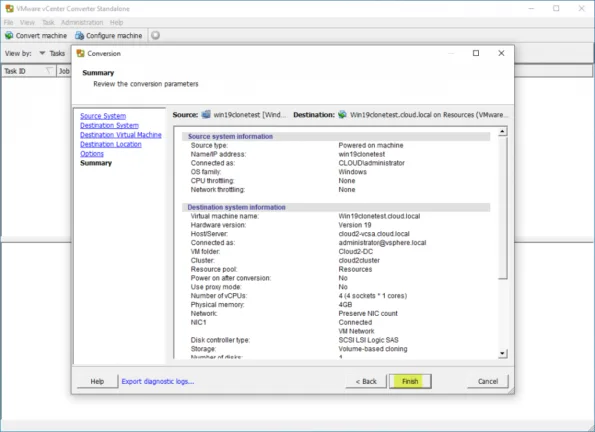 Begin the conversion operation for the Windows host