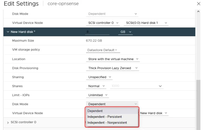 Figure 5 – Changing the disk mode of a VMDK to exclude it from being affected by a VMware snapshot