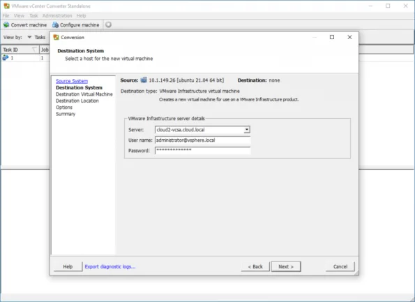Choose the destination system for the Linux machine
