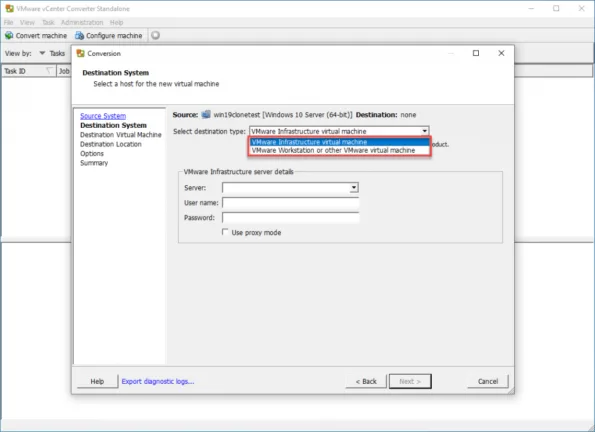 Choose the destination system for the conversion