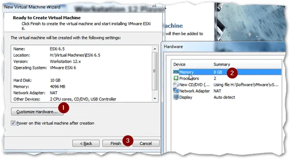 Click-on-Customize-Hardware select Memory and assign 4GB to the ESXi VM