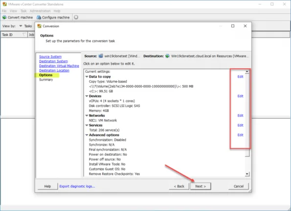 Configure the conversion options for the conversion process