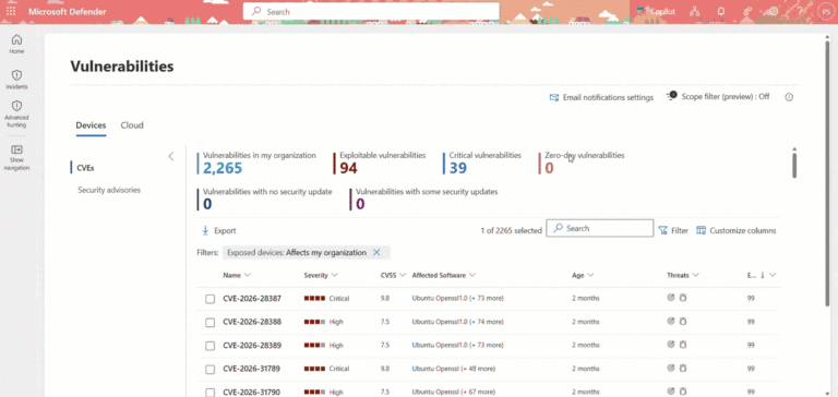 Vulnerability management dashboard in Microsoft Defender